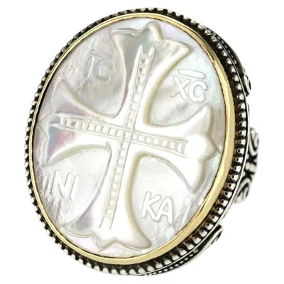 Pre-owned Konstantino 925 Silver 18k Gold Kleos Mother Of Pearl Mop Cross Ring Size 7.5 In Multiple