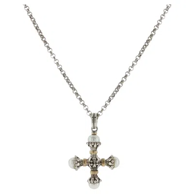 Pre-owned Konstantino 925 Silver & 18k Gold Clas Cultured Pearl Cross Pendant Necklace 18" In Multiple