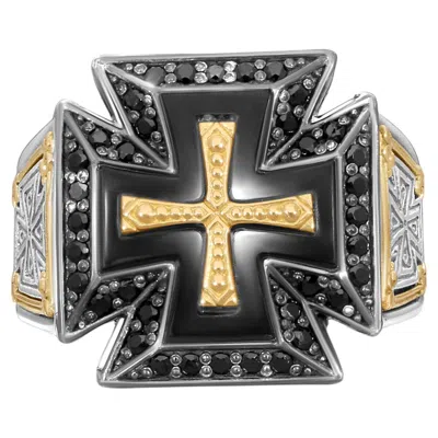 Pre-owned Konstantino 925 Sterling Silver & 18k Gold Black Diamond Ares Cross Ring Size 10