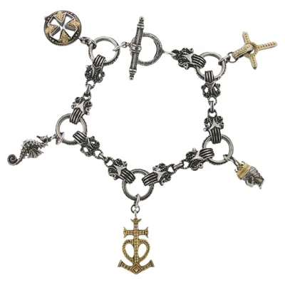Pre-owned Konstantino 925 Sterling Silver & 18k Gold Gaia Link Charm Bracelet Size 6.5" In Multiple