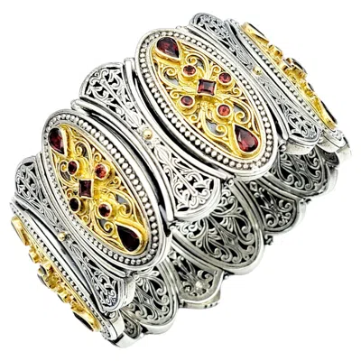 Pre-owned Konstantino Garnet Filigree Wide Statement Bracelet 925 Silver & 18 Karat Gold In Multi