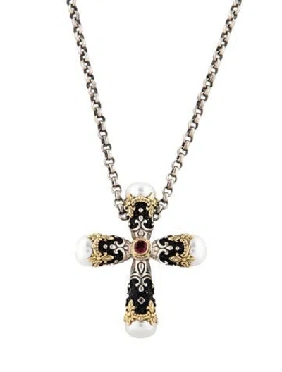 Pre-owned Konstantino Pearl & Tourmaline Nemesis Cross Pendant Necklace, 28" In Multicolor