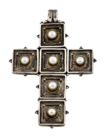 Pre-owned Konstantino Pearl Block Cross Pendant, 2" In Multi