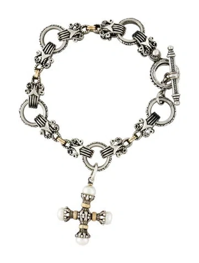 Pre-owned Konstantino Pearl Cross Charm Toggle Bracelet, 6.5" In Multi