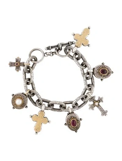 Pre-owned Konstantino Pearl, Ruby, & Garnet Charm Bracelet, 6.75" In Multi