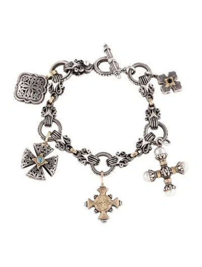 Pre-owned Konstantino Pearl, Topaz & Onyx Charm Bracelet, 6.75" In Multicolor