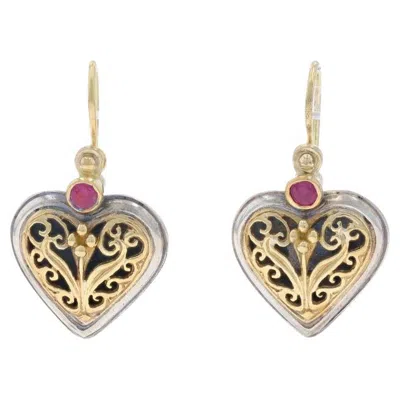 Pre-owned Konstantino Ruby Heart Scrollwork Drop Earrings 925 18k Round .30ctw Pierced In Multi