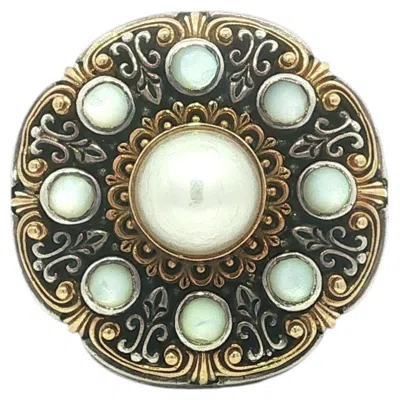 Pre-owned Konstantino Silver & 18k Gold Mabe Pearl W/ Mop Large Detailed Fleur De Lis Ring In Multiple