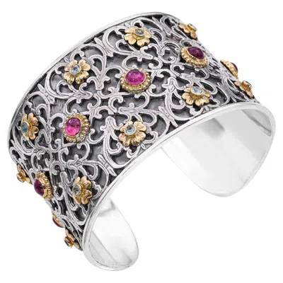 Pre-owned Konstantino Sterling Silver 18k Gold Blue Topaz & Pink Tourmaline Cuff Bracelet