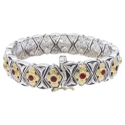 Pre-owned Konstantino Sterling Silver 18k Yellow Gold Garnet Floral Link Bracelet