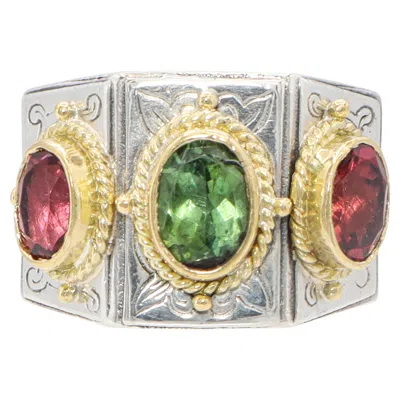 Pre-owned Konstantino Sterling Silver & 18k Yellow Gold Multicolor Tourmaline Ring