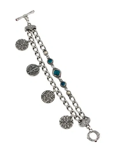 Pre-owned Konstantino Topaz & Garnet Double Strand Charm Bracelet, 7" In Multicolor