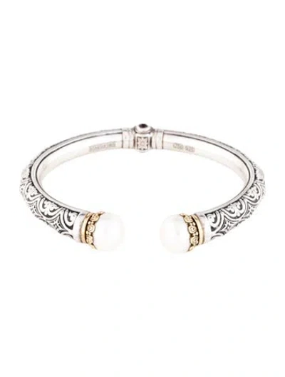Pre-owned Konstantino Two-tone Pearl & Rhodolite Garnet Hinged Cuff Bracelet, 6.25" In Multicolor
