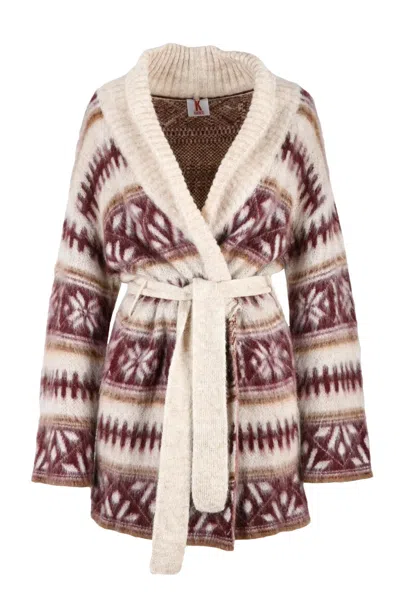 Kontatto Beige/bordeaux Acrylic Mohair Polyamide Women's Cardigan In Multi