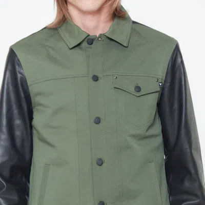 Konus Men's Faux Leather Trucker Jacket In Olive In Green