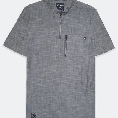 Konus Men's Mandarin Collar Zip Pocket Shirt In Grey