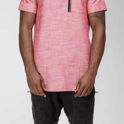 Konus Men's Mandarin Collar Zip Pocket Shirt In Red In Pink