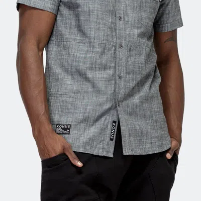 Konus Men's Short Sleeve Mandarin Collar Shirt In Charcoal In Gray