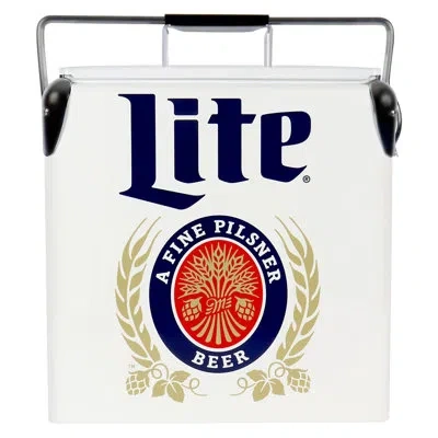 Koolatron Miller Lite Retro Ice Chest Cooler With Bottle Opener 13l (14 Qt), White And Blue