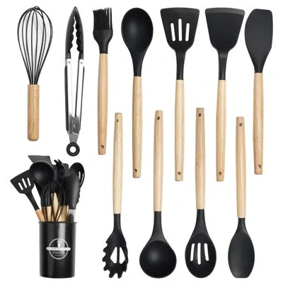 Koomade 12-piece Siliware Kitchen Utensil Set In Black With Wooden Handles & Holder, Non-scratch And Heat-re In Matte Black