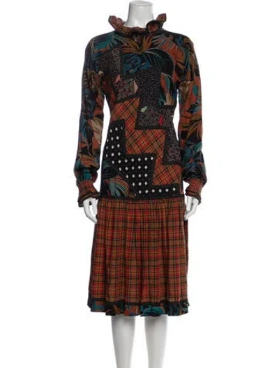 Pre-owned Koos Van Den Akker Patterned Long Dress In Brown