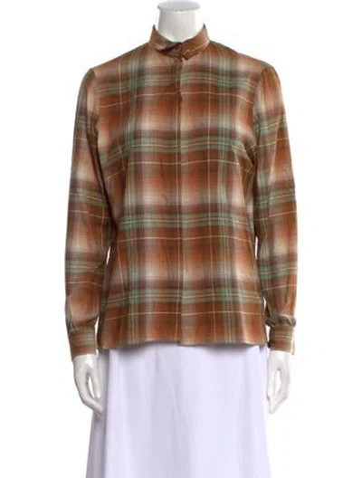 Pre-owned Koos Van Den Akker Plaid Print Mock Neck Button-up Top In Brown