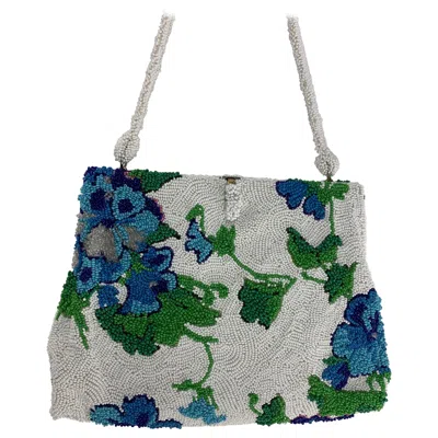 Pre-owned Koret 1950  Tresor Stunning Floral Beaded Handbag In Green & Blue On White Ground