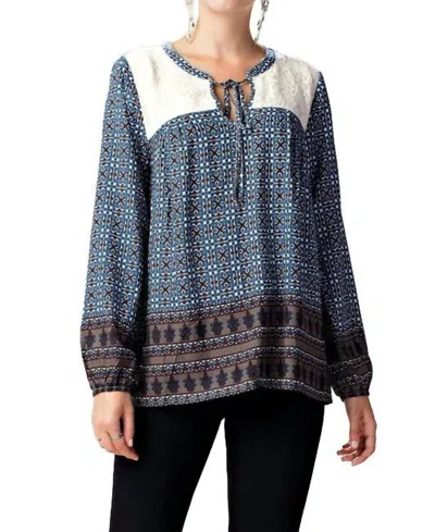 Kori Border Print Lace Top In Navy In Blue