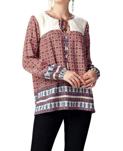 Kori Border Print Lace Top In Red In Multi
