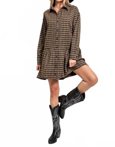 Kori Button Down Plaid Dress + Pockets In Brown