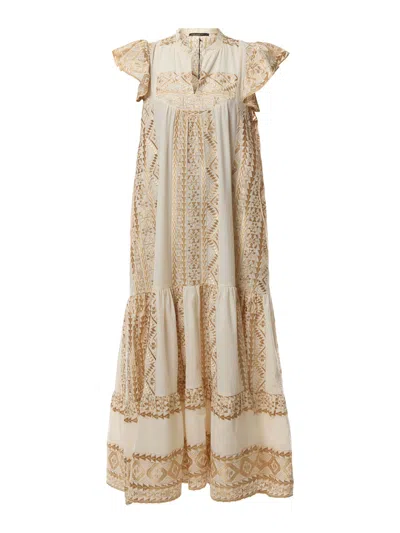 Kori Classic Triangle Frill Cap Slv Round Neck Maxi Dress In Natural/gold