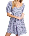 Kori Daisy Soft Printed Puff Sleeve Babydoll Back Tied Dress In Blue Mix In Blue