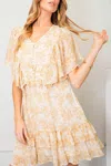 Kori Dandelions Floral Print Chiffon Dress In Cream Tan