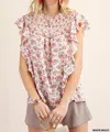 Kori Dobby Printed Smocked Top In White Multi
