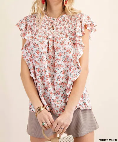 Kori Dobby Printed Smocked Top In White Multi