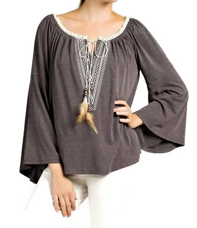 Kori Embroidered Bell Sleeve Knit Top In Charcoal In Brown