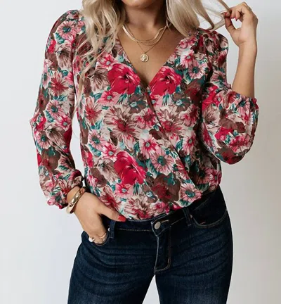 Kori Floral Cross Over Bodysuit In Rose In Red