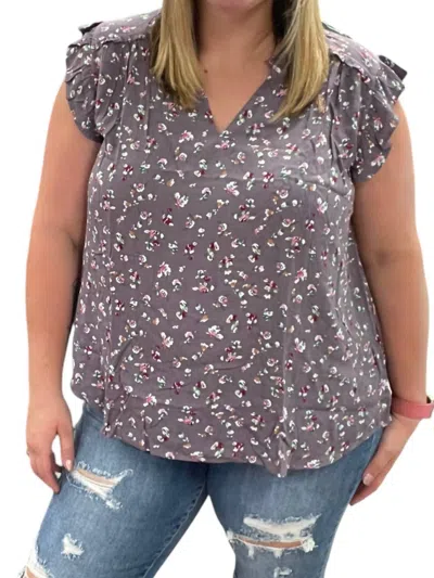 Kori Floral Frill Collar Top In Purple In Gray