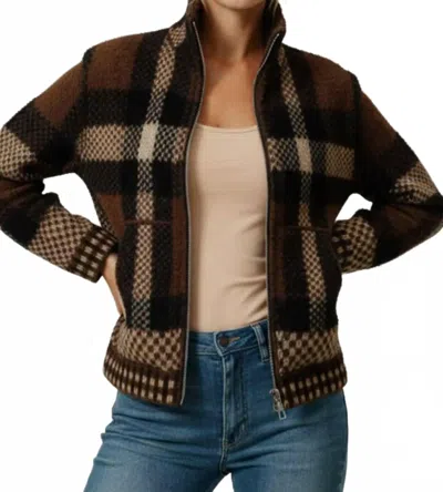 Kori High Neck Zip Up Plaid Sweater Cardigan With Pocket In Brown In Multi