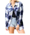 Kori Jayne Brushed Plaid Button Down Shacket In Navy Blue In Blue
