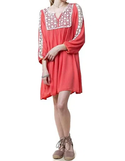 Kori Lace Peasant Dress In Coral In Pink
