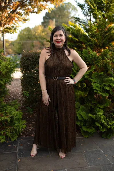 Kori Metallic Pleats Wild Leg Jumpsuit In Bronze/black In Brown