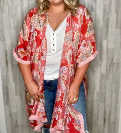 Kori Misty Fringe Kimono In Red