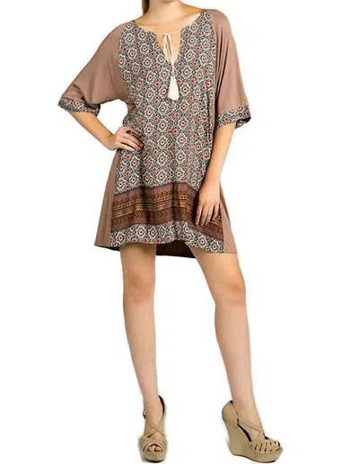 Kori Mixed Print Tassel Tie Dress In Taupe In Grey