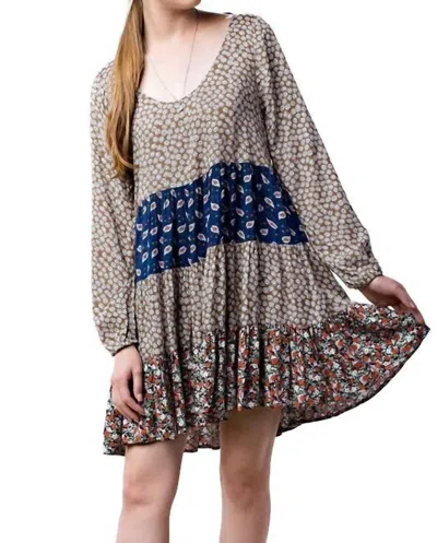 Kori Mixed Print Tie Back Dress In Taupe In Brown