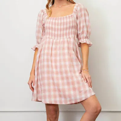 Kori Plaid Dress With Bubble Sleeves In Blush Pink