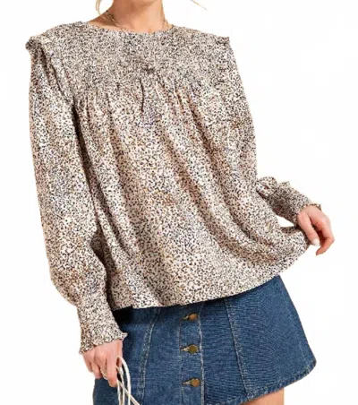 Kori Ruffle Sleeve Smock Blouse In Taupe Combo In Gold