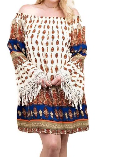 Kori Tuscan Off The Shoulder Mini Dress - Plus In Tan In Multi