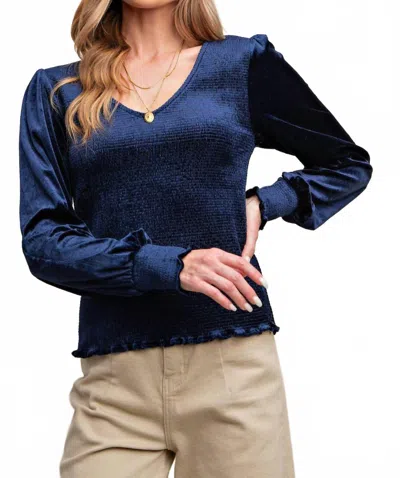 Kori Velvet Jersey Smocked Top In Indigo Blue