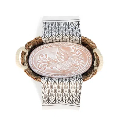 Korissa Bread Warmer & Basket Gift Set With Dark Brown Tea Towel - Bird Oval